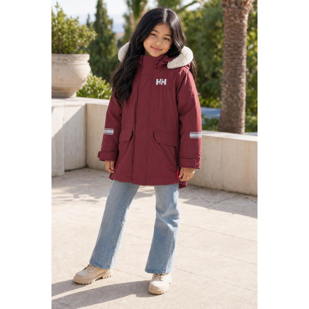 Helly Hansen Isfjord Down Parka Unisex Kids 4 Maroon Hooded Winter Coat Faux Fur